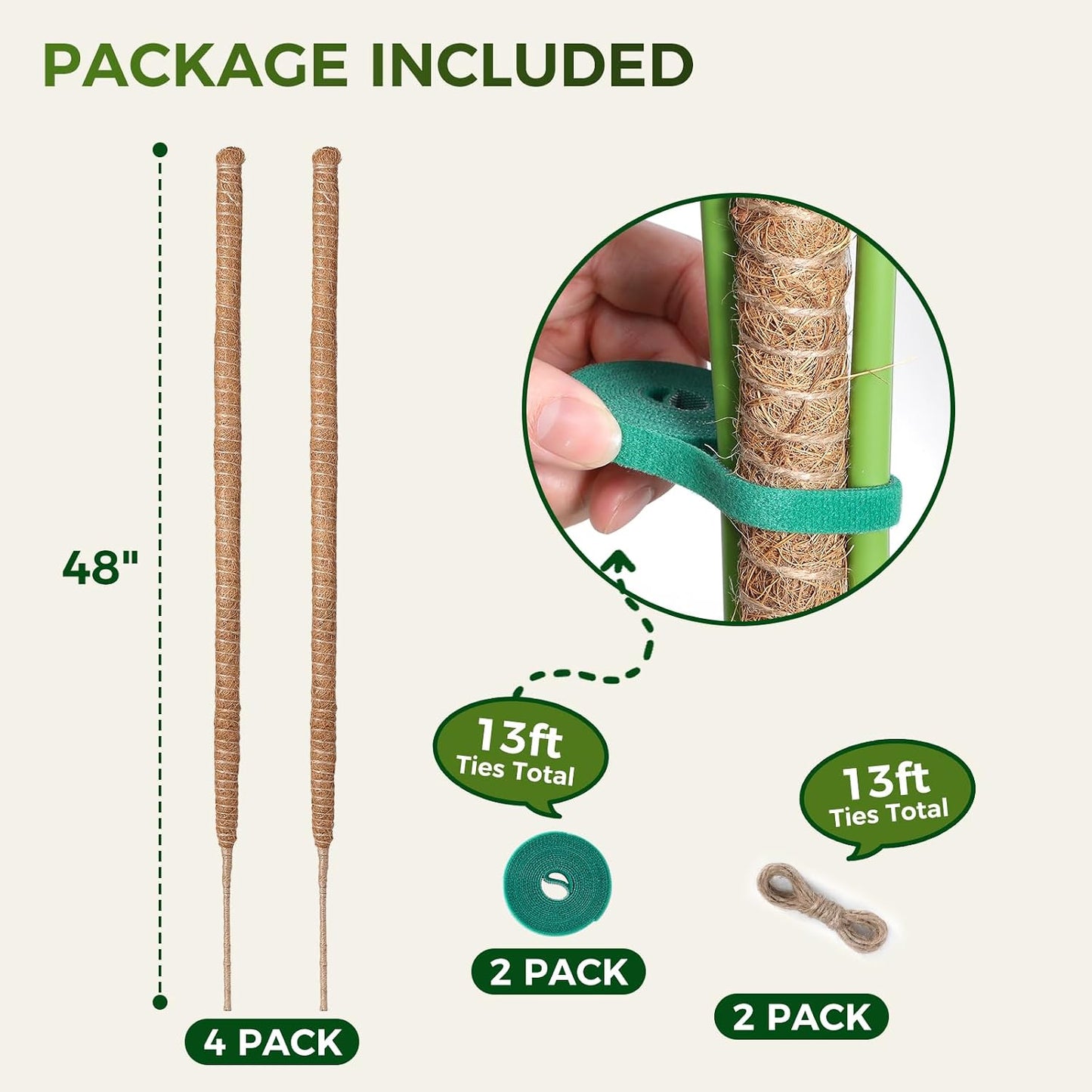 4 Pack Moss Pole Monstera Plant Support, 2 Pack 28" & 2 Pack 48" Bendable Plant Stakes Made of Real Coco Coir Support for Climbing Indoor Plants, Tall Moss Stick Trellis for Potted Climbers