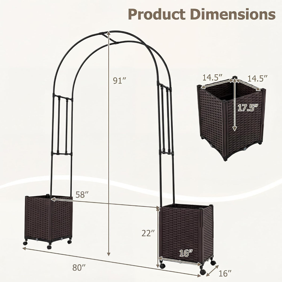 6.6 FT Garden Arbor with Planter Boxes, Arch Trellis for Climbing Plants, Self-Watering System, Drainage Design, Lockable Wheels, Outdoor Metal Archway for Backyard, Patio, Wedding Decor