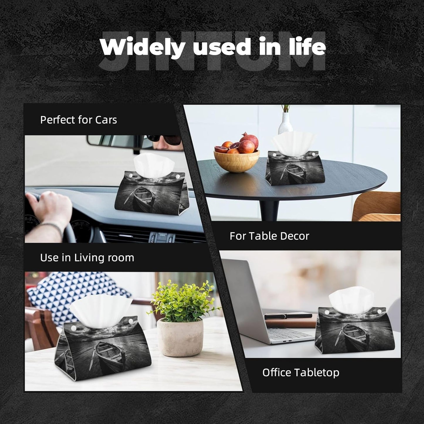 Wooden Row Boat Floating in The Water Tissue Box Cover Rectangle Pu Leather Tissue Box Holder for Car Bathroom Bedroom Desk Tabletop Decor