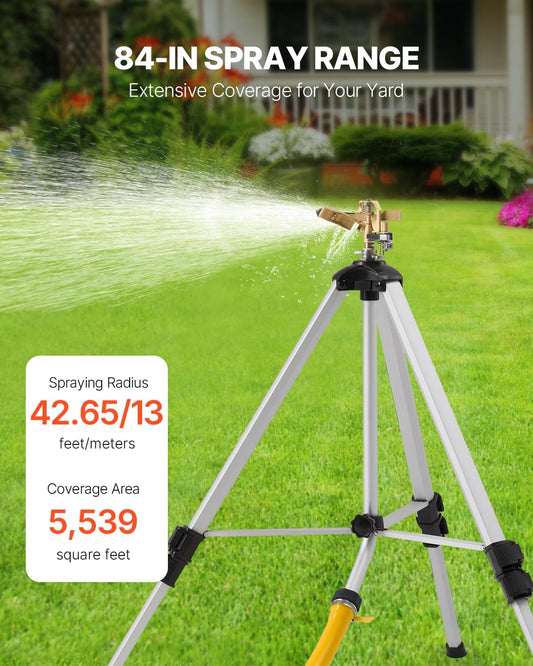 Impact Sprinkler on Tripod Base, Heavy Duty Tripod Sprinklers with Brass Head & 3/4" Connector, 360 Degree Large Area Coverage Irrigation Sprinkler, Adjustable Heights, for Yard Gray