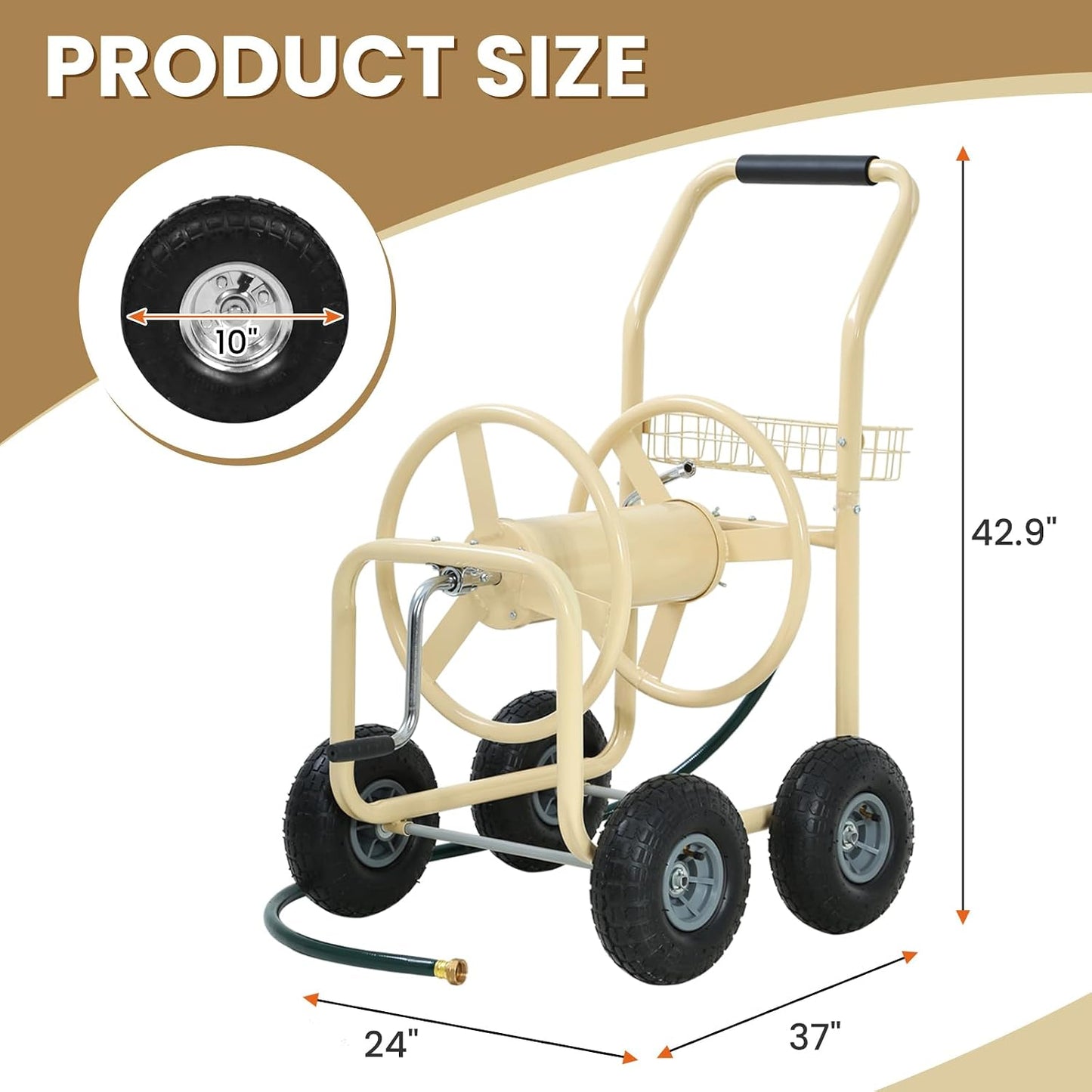 Hose Reel Cart, Hold Up to 300 ft of 5/8’’ Hose, Heavy Duty Garden Water Cart with 4 Wheels, Powder-coated Steel Outdoor Planting with Storage Basket for Garden, Lawn, Yard, Green