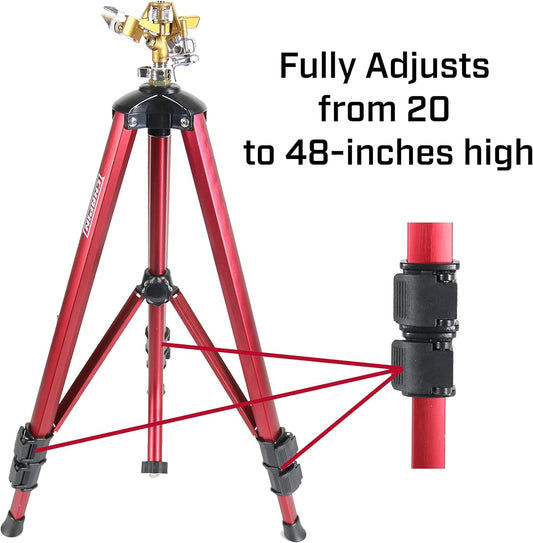 4993: Heavy Duty Brass Head Tripod Impact Lawn Sprinkler, 360 Degree Coverage for Large Lawns, Golf Courses, Gardens, Adjustable Height, Gooseneck Hose Connection, Red and Black