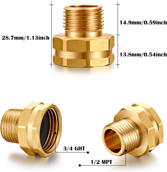 Garden Hose Fittings Connectors Adapter Solid Brass Repair Female to male faucet leader coupler dual water hose connector(3/4" GHT Female to 1/2" NPT Male) (6-Pcs)