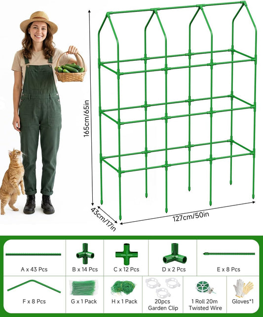 65" Cucumber Trellis for Climbing Plants Outdoor, Metal Garden Trellis for Raised Bed, Plant Support Structures with Netting for Cucumbers Tomatoes Beans Peas (50 * 17 * 65inch(L*W*H), Trellis)