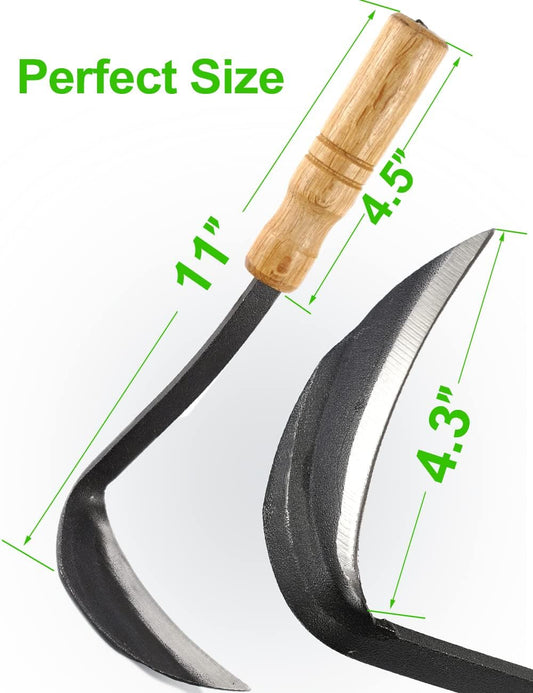 Japanese Weeding Sickle Hoe, 11" Gardening Hand Weeder Nejiri Kama Blade Tool Digging Cutting Weed Remover, High-Carbon Steel One-Piece Molding with Wood Handle, Very Sharp Edge Quick Work