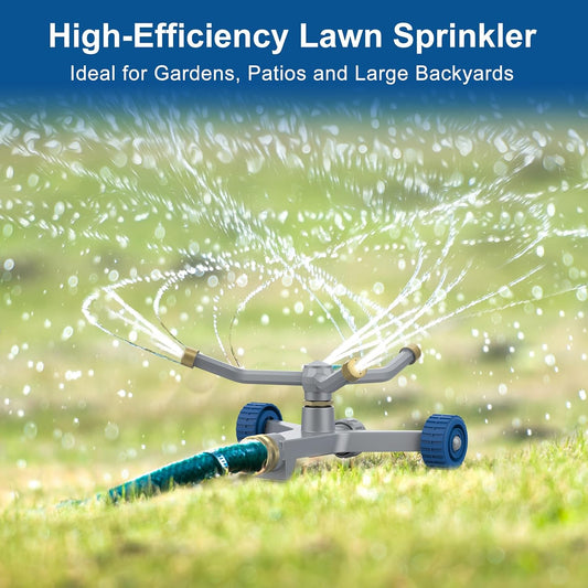 Sprinklers for Yard, 3-Arm Metal Sprinkler with Wheel Base, 360-degree Automatic Rotary Lawn Sprinkler System for Garden Yard