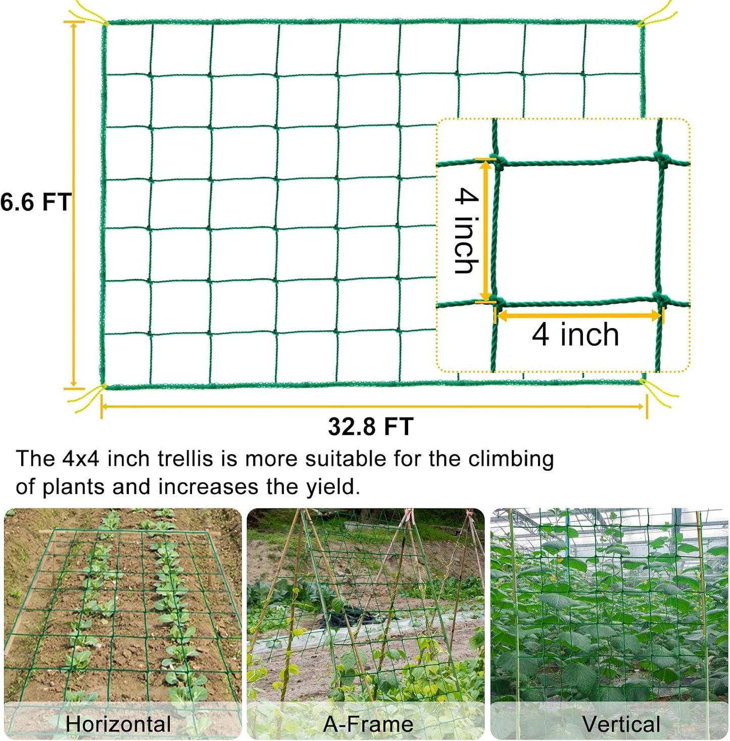 Garden Trellis Netting for Climbing Plants Outdoor, 6.6x8.2 FT Plant Netting for Cucumber, Tomato, 27 Strands Trellis Net with 4x4 Inch Mesh as Vegetable Netting for Grape, Bean, w/Plant Clips