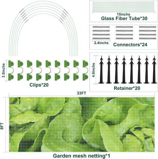 95pcs Garden Mesh Netting Kit for Garden Protection with Hoops Frame 8x33Ft
