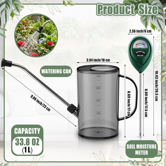 Plants Watering Can for Indoor Plants with Long Stainless Steel Spout & Soil Moisture Meter Long Spout Watering Cans for House Plant, Pot Flower, Succulent, Garden(Gray,1 L,Cylindrical)