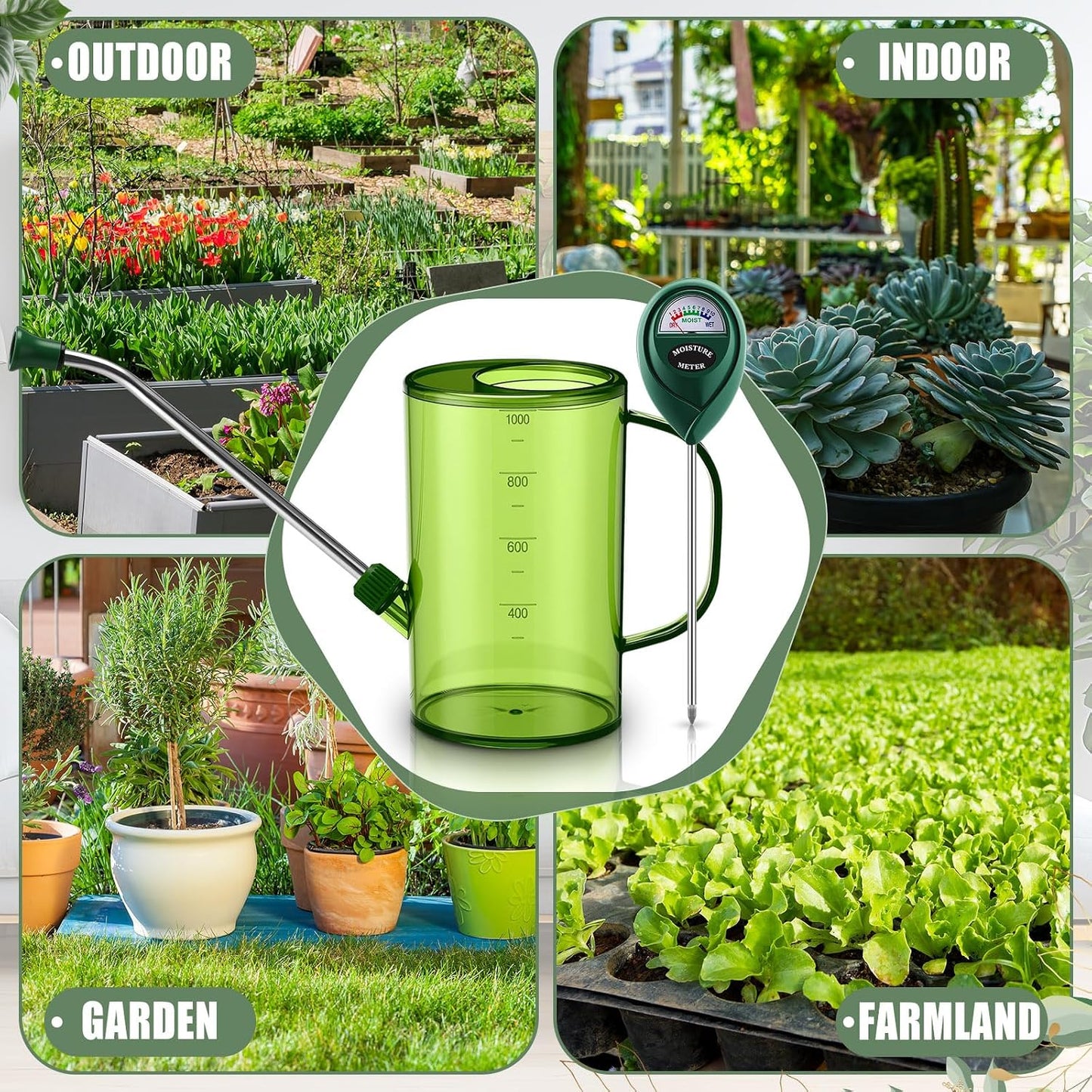 Plants Watering Can for Indoor Plants with Long Stainless Steel Spout & Soil Moisture Meter Long Spout Watering Cans for House Plant, Pot Flower, Succulent, Garden(Gray,1 L,Cylindrical)