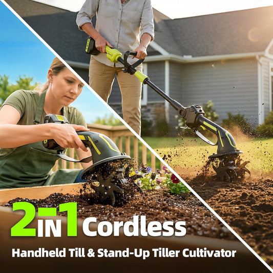 2-in-1 Cordless Tiller Cultivator, 235RPM Powered Tiller with 3.5ft Extension Pole, 2×2.0Ah Rechargeable Batteries, 4-Inch Tilling Width & Depth, Mini Powerful Tiller for Gardening, Lawn