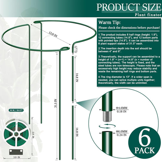 6-Pack 31.5” Plant Support Stakes, Steel Plant Cage & Peony Tomato Hydrangea Cage, Garden Stakes for Outdoor Plants, Heavy-Duty Plant Stakes, 16.7” Support + 14.8” Extension Tubes