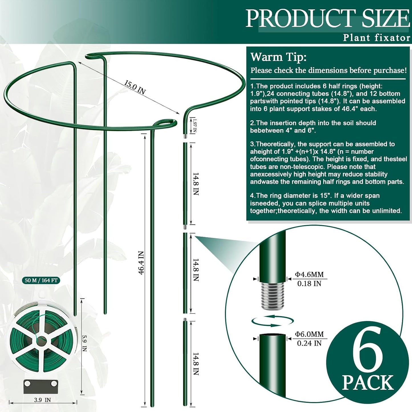 6-Pack 31.5” Plant Support Stakes, Steel Plant Cage & Peony Tomato Hydrangea Cage, Garden Stakes for Outdoor Plants, Heavy-Duty Plant Stakes, 16.7” Support + 14.8” Extension Tubes