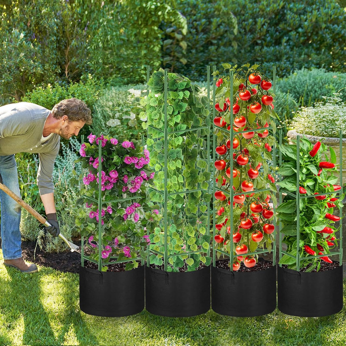 4 Pack Tomato Cages 55 x 12 Inch for Garden with 11 Gallon Round Planter