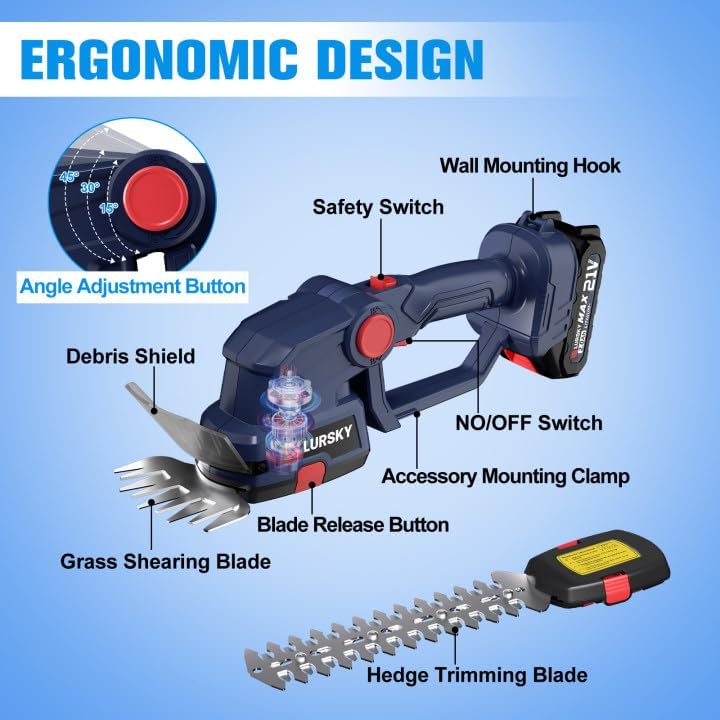 Cordless Hedge Trimmer with Battery 2.0Ah, 2-in-1 21V Grass Shears