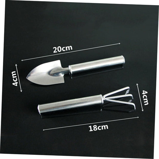 2pcs Set Garden Tool Set Succulent Garden Spade Planting Spade Hand Shovel Handle Landscaping Handheld Tool Transplant Rake Trowel Plant Mini Shovels Digging Small Rake Silver