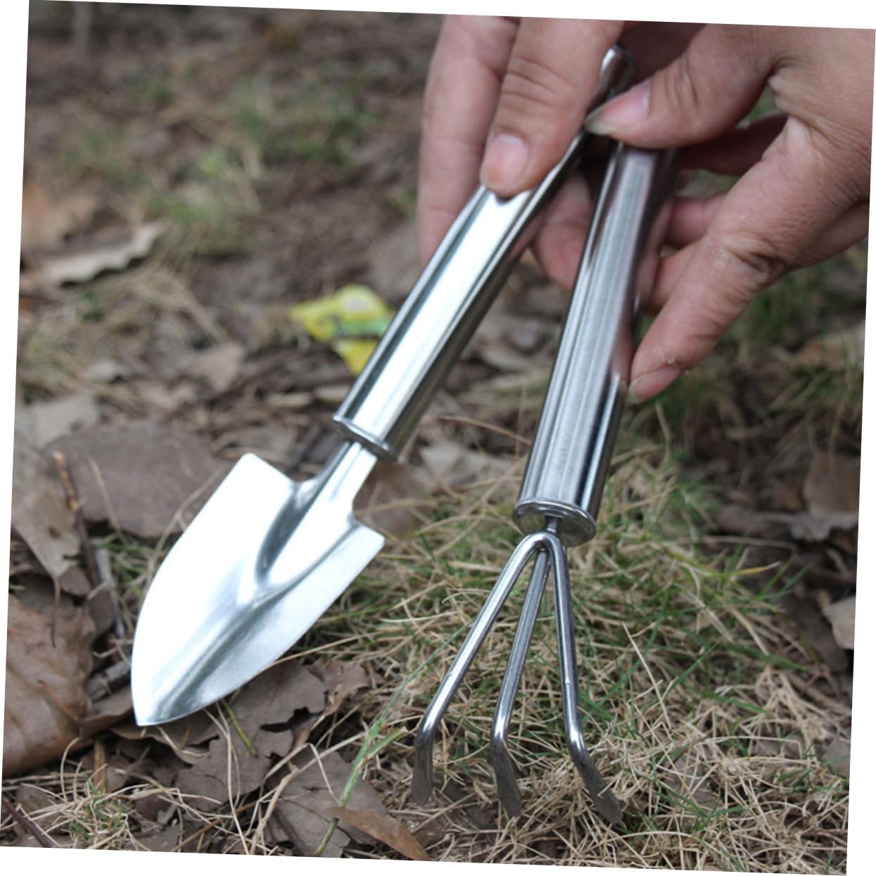 2pcs Set Garden Tool Set Succulent Garden Spade Planting Spade Hand Shovel Handle Landscaping Handheld Tool Transplant Rake Trowel Plant Mini Shovels Digging Small Rake Silver