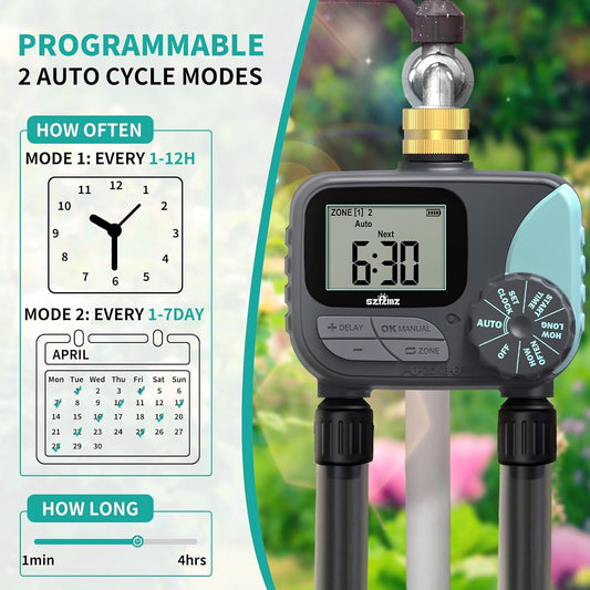 Sprinkler Timer, Water Timer for Garden Hose, Irrigation Timers Controller for Outdoor Plants Lawn, Hose Timers for Watering with Rain Delay/Manual/Automatic Watering System, Brass Inlet 2 Outlet