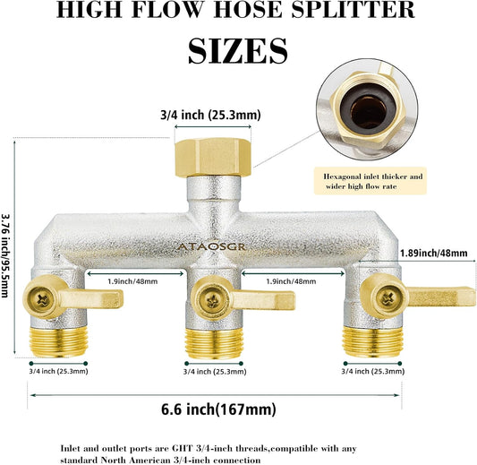 3-Way Full Flow Garden Hose Splitter, 3/4” GHT Thread, Heavy Duty Brass Nickel Plated Outdoor Faucet Manifold ,Hose High Flow Adapter,with Individual Shutoff Valves Extended Handle