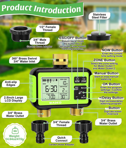 Brass 2 Zone Water Hose Timer, Waterproof Programmable Sprinkler Timer