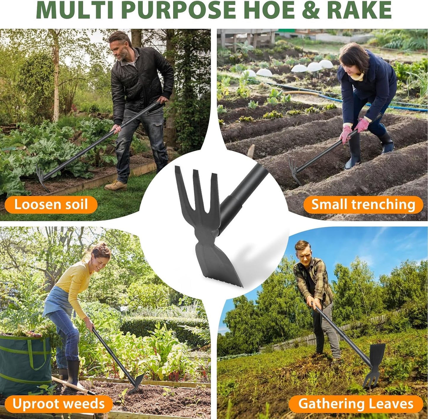 Weed Puller Tool with 45.5" Long Handle, 2 in 1 Small Garden Weeding Hoe & Rake, Handheld Stand Up Hoe Garden Tool for Lawn, Garden, Yard, Flower Bed, Patio & Small Farm