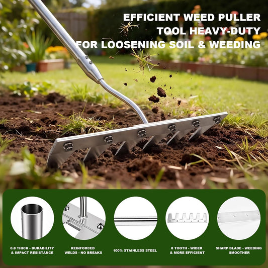 Weeding Rake w 45’’ Ergonomic Curved Handle, Heavy-Duty Stainless Steel Weed Puller Tool w 6 Hoe & Weeding Blade, Efficient Extended Garden Hoe for Weeding for Yard, Flower Beds & Loosening Soil