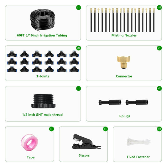 60FT Drip Irrigation System for Garden – Automatic Watering Kit with Solid Brass Metal Connectors, 360° Bendable Tubing &16 Adjustable Nozzles for Greenhouse, Lawn, Yard & Plants