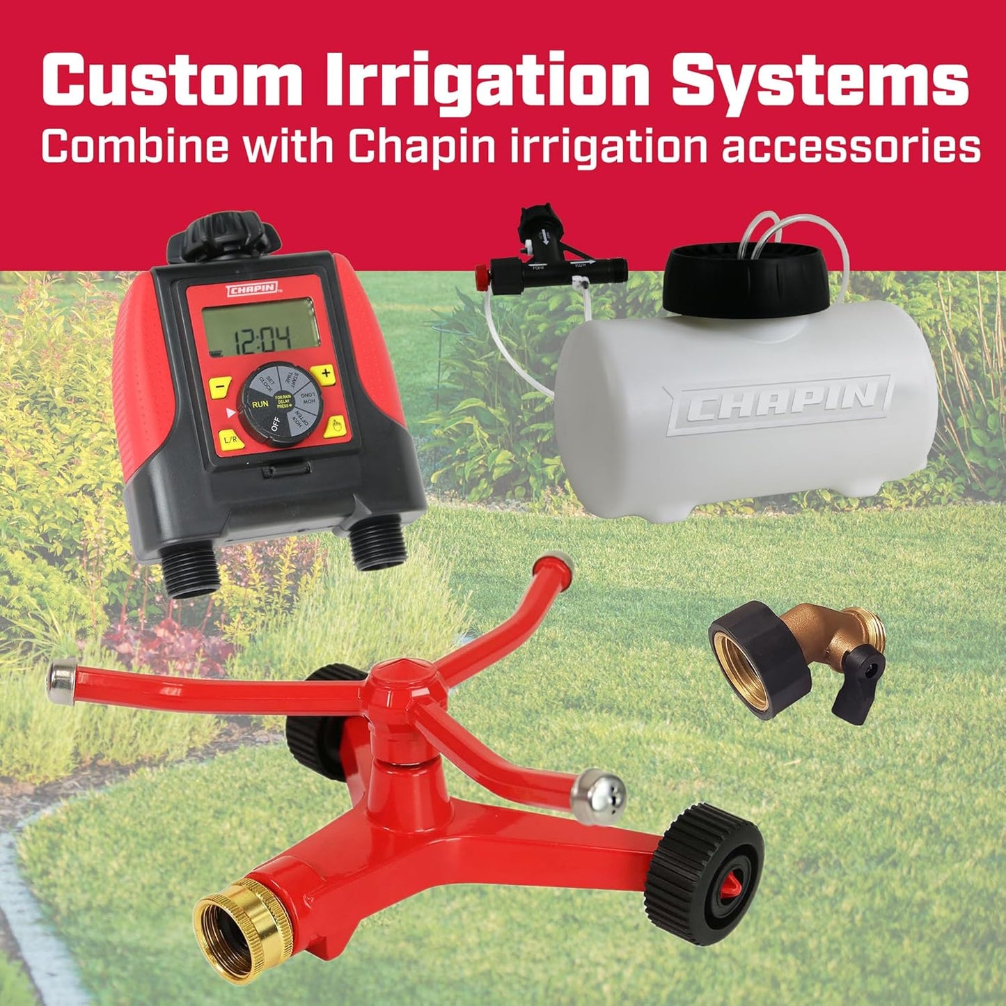 Wheeled Impact Sprinkler, 360° Automatic, Up to 85 ft Coverage, Red