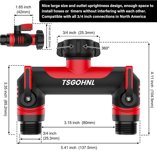 2 Way Garden Hose Splitter, 3/4 Inch Outdoor Faucet Splitter, Hose Manifold with Independent Shut Off Valves, Wide Spacing for Hose Timers, Sprinklers, Lawn, Yard and Garden Watering - Red