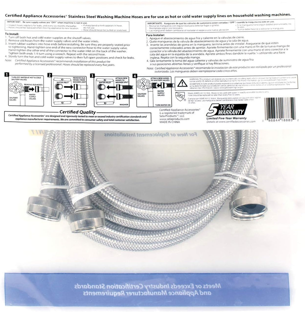 Washing Machine Hoses (2 Pack), Hot and Cold Water Supply Lines, 4 Feet, PVC Core with Premium Braided Stainless Steel
