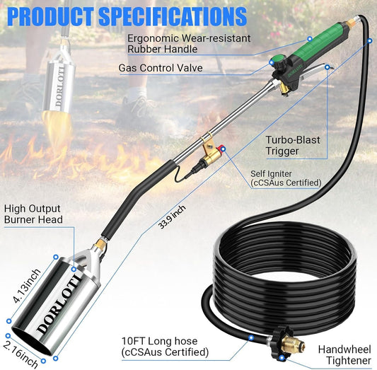 Propane Torch Weed Burner Kit, Blow Torch with 10FT Hose and Storage Bag, Heavy Duty Flame Weeder with Igniter for Weeding, Roofing and BBQ(Propane Tank Not Included)(33.9")