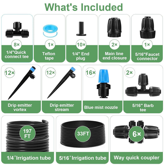 230FT Drip Irrigation System,Automatic Garden Watering System with 1/4" & 5/16" Tubing, Adjustable Spray Nozzles & Sprinklers for Garden, Greenhouse, Lawn, Potted Plants