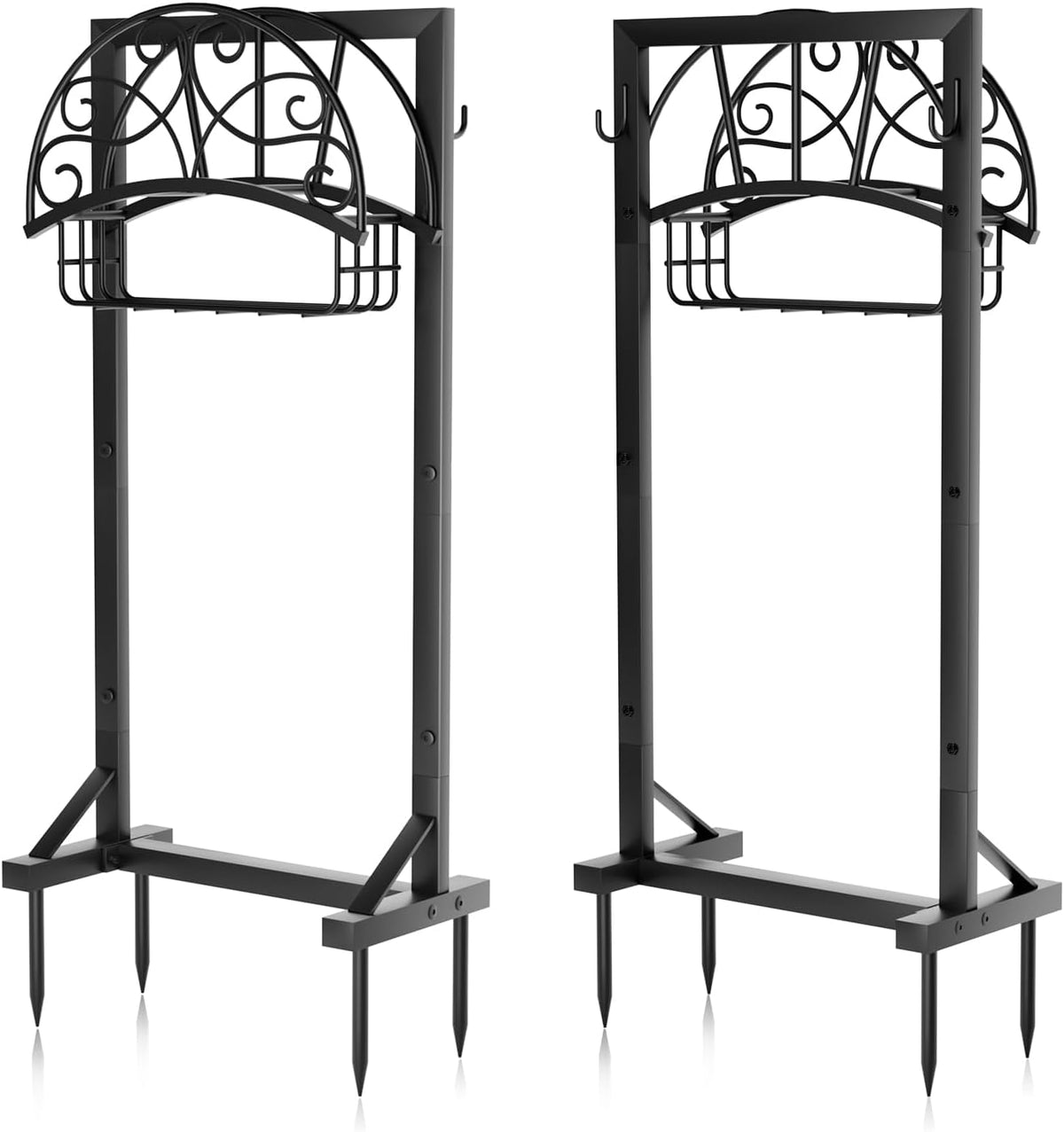 Heavy-Duty Garden Hose Holder with Storage Basket and Tool Hooks, Stable Hose Hanger Metal Garden Hose Storage Holds 160Ft, Rustproof Freestanding Water Hose Holder for Outside,Yard,Lawn,Farm