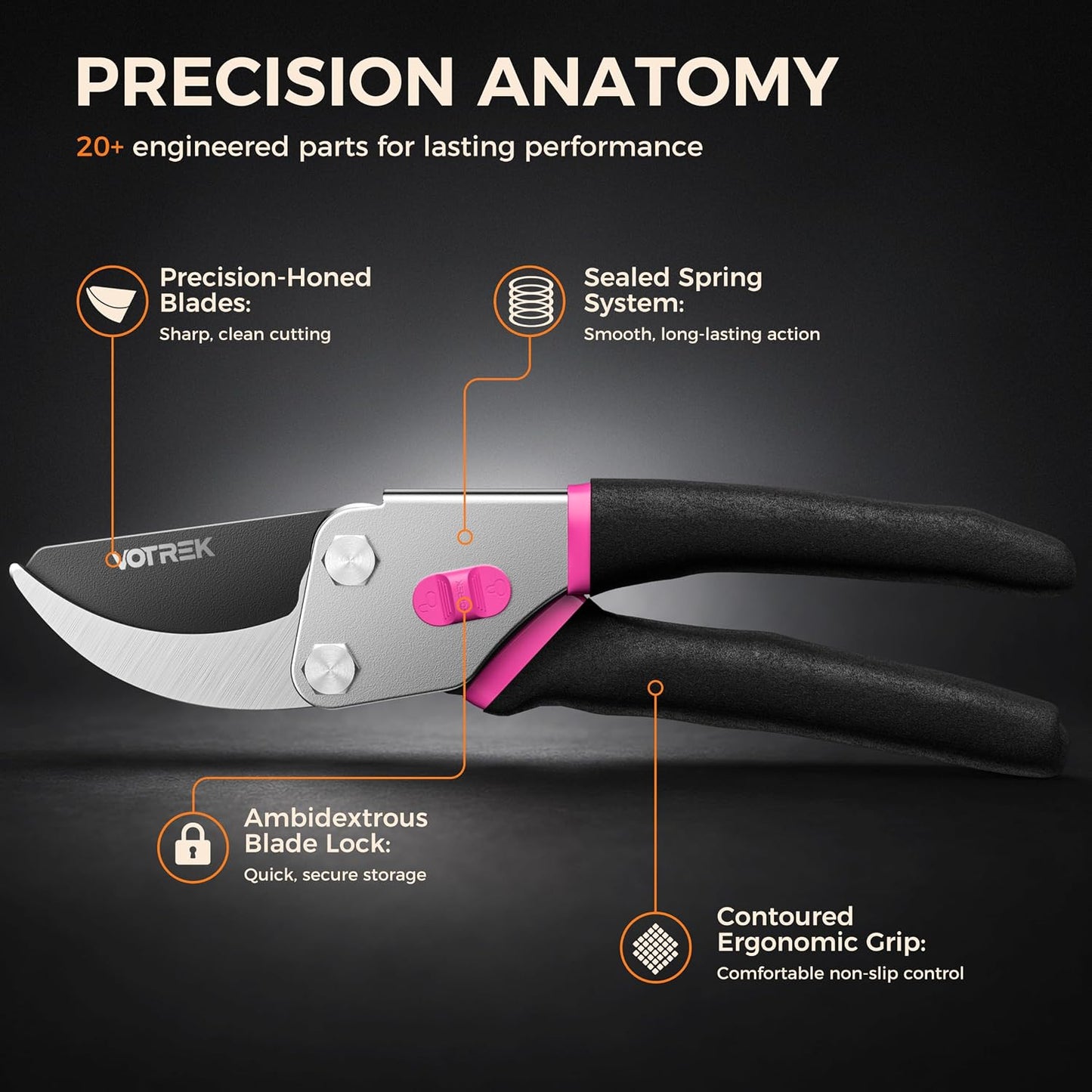 8.5" Bypass Pruning Shears, Jam-Proof Spring Clippers for branches