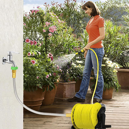 2ft Short Garden Hose with Female to Female Stainless Steel Leader Hose Connector - Flexible Metal Water Hose for Hose Reel, Cart, Garden Faucet Connection,Outdoor Watering Car Pet Cleaning