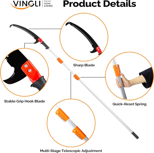 12ft Manual Pole Saws, Extendable Tree Trimmers Long Handle Pruner, 2Pcs Sharp Blade and Scissors, Long Tree Pruner with 2-section for Pruning Palms and Shrubs