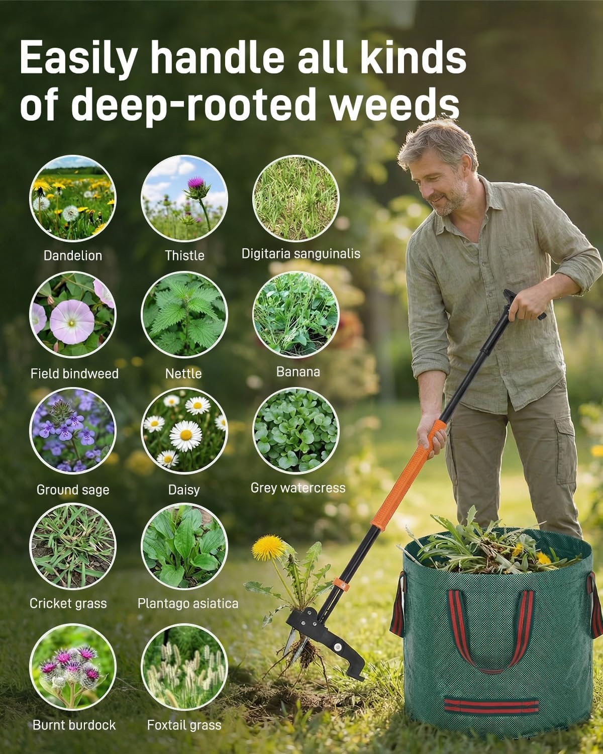 Stand Up Weed Puller Tool with Adjustable Long Handle and 50L Garden Bag