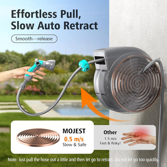 Mojest Retractable Garden Hose Reel - 1/2 in x 80 ft Wall Mounted Heavy Duty Water Hose Reel with Automatic Slow Rewind System, 2 Hose Nozzle, 180°Swivel Bracket, Dark Gray