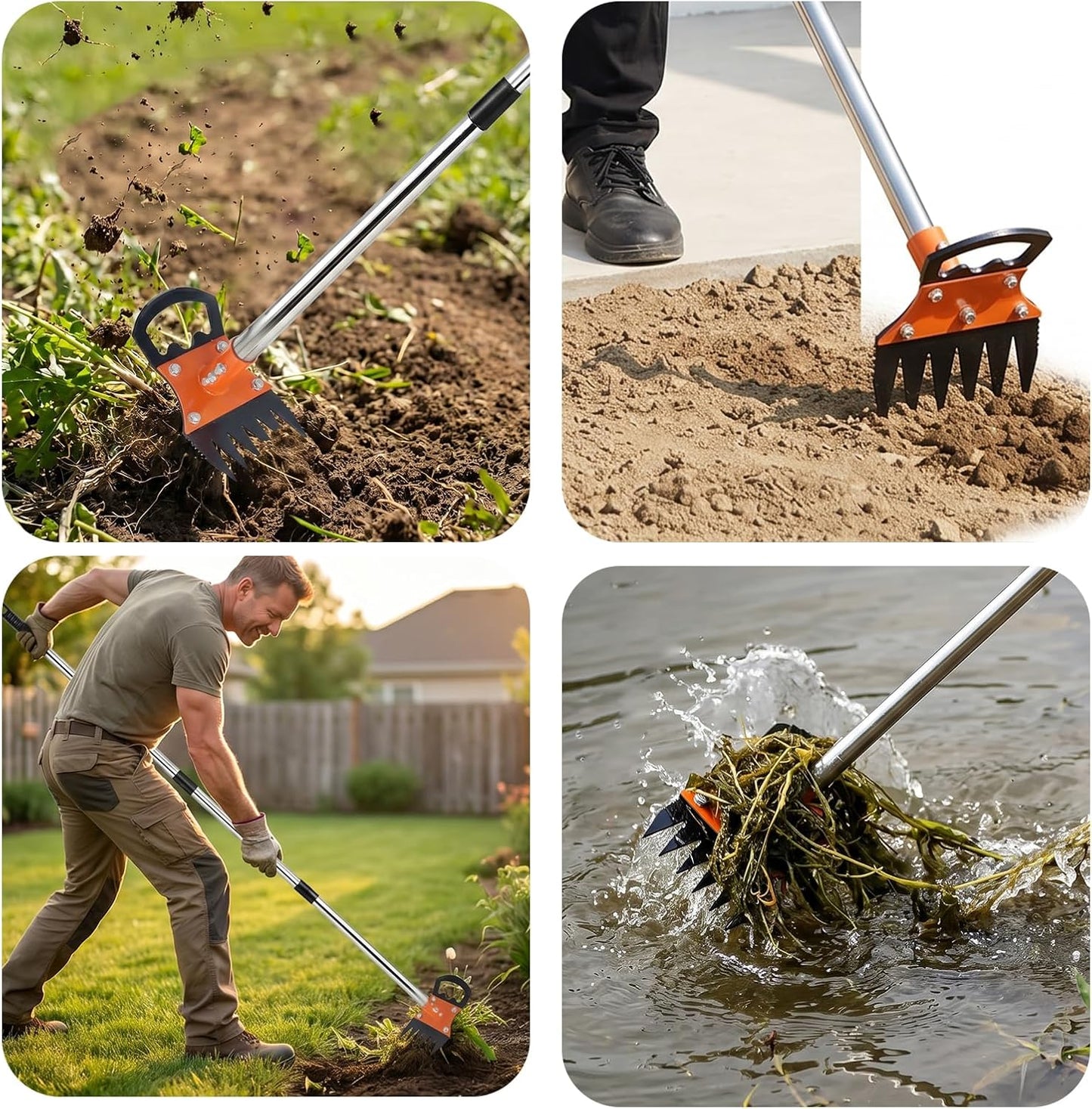 Weed Puller Tool with Long Handle, 59" Manual Weeder Remover Tool, 2 in 1 Hand Weed Rake and Garden Hoe for Gardening, Lawns, Yards