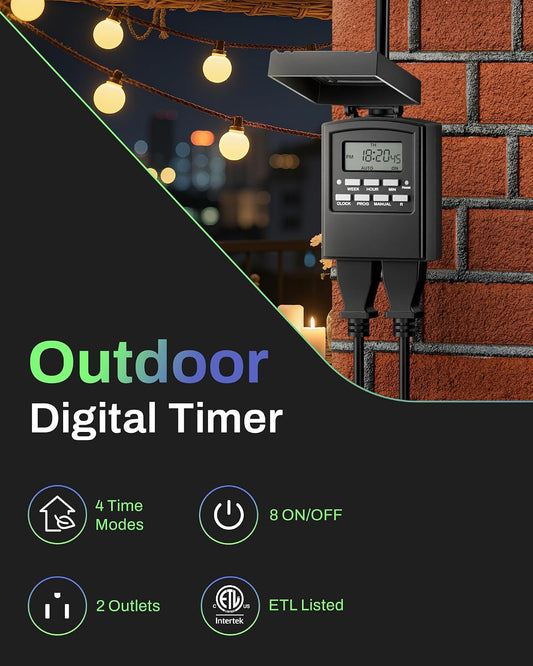 Outdoor 7-Day Programmable Timer Outlet, 2 Outlets