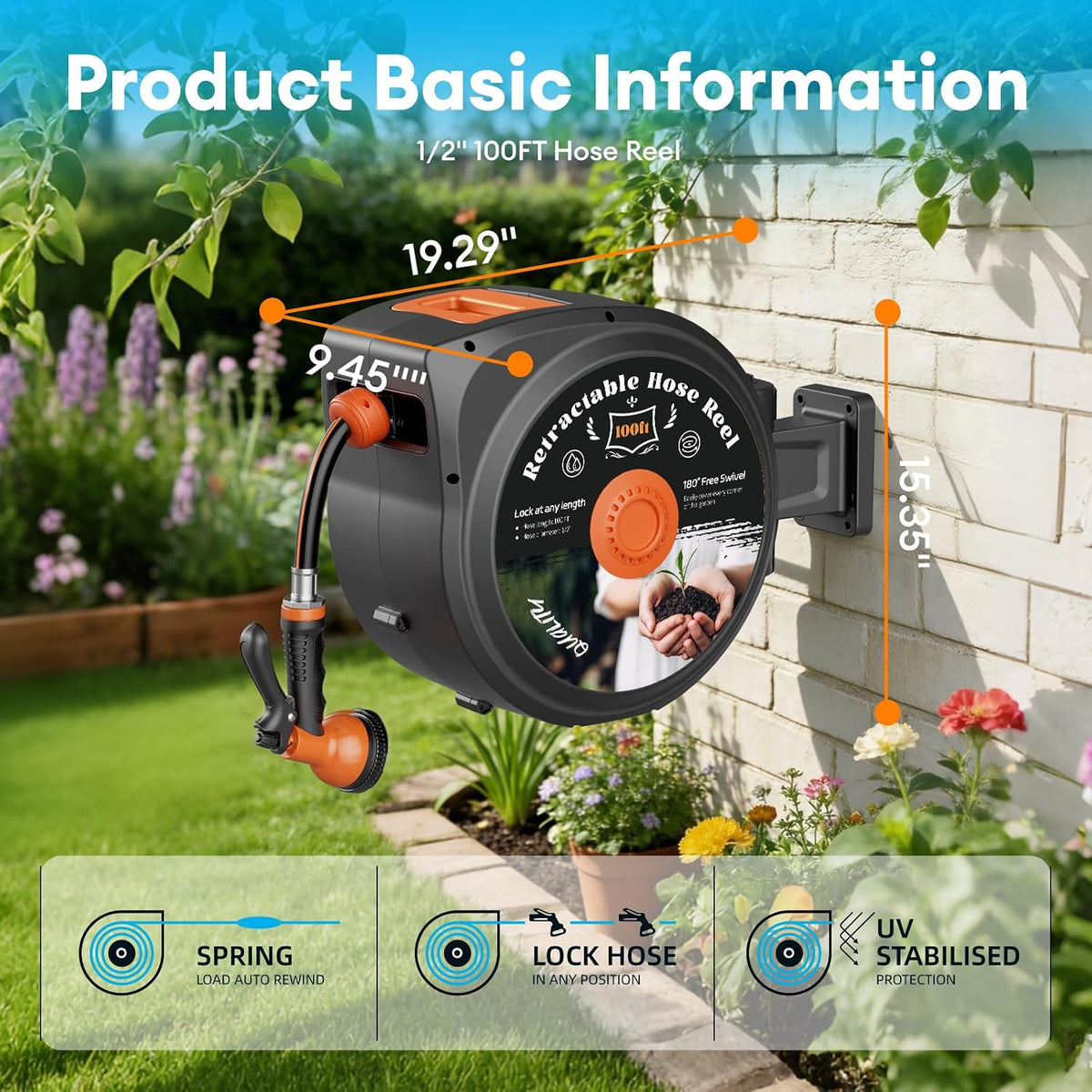 1/2 Inch x 130 FT Retractable Garden Hose Reel, Wall Mounted