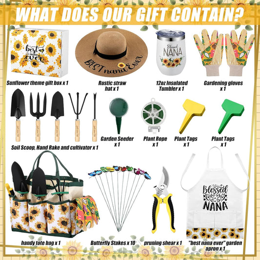 16 Pcs Mothers Day Garden Gift for Nana Women Garden Tools Sunflower Birthday Gardening Supplies from Grandson Gloves Apron Insulation Cup Fork Trowel Tote Bags for Plant Lover Present