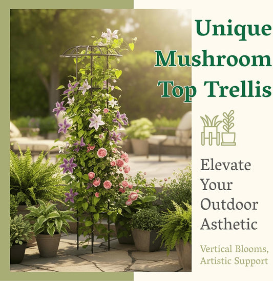Garden Obelisk Trellis for Climbing Plants Outdoor | 64 Inch Rustproof Plastic Coated Mushroom Top Trellis for Potted Plants, Vines, Roses, Clematis