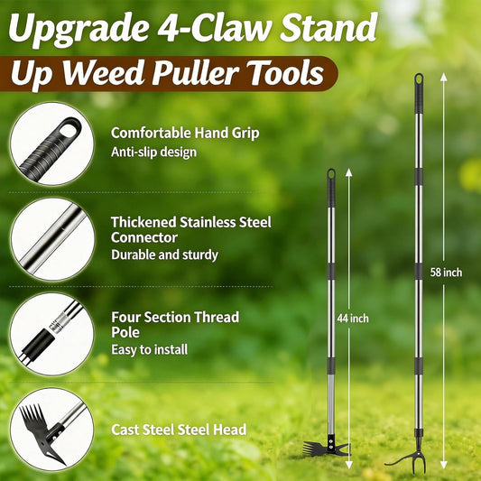 58" Stand Up Weed Puller Tool with Long Handle, 2 in 1 Manual Weeder & Garden Hoe, 4-Claw Steel Head Weed Remover with Gloves for Yard Lawn Patio Garden