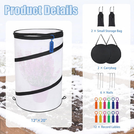 2 Pcs 12"×21" Pop Up Round Winter Frost Plant Cover,Foldable Non Woven Winter Plant Freeze Protection Tent with Ground Stakes & Label Cards,Mini Greenhouse Protector for Small Indoor&Outdoor Plants