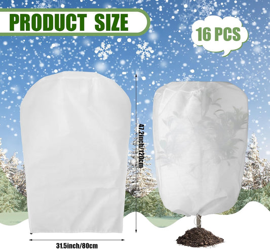 16 Pcs 32 x 47 Inch Plant Covers Freeze Protection, Reusable Plant Protector Frost Cloth Warm Blankets, Winter Bush Tree Cover with Drawstring Outdoor (White)