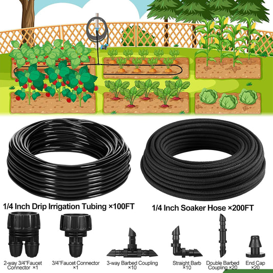 Drip Irrigation System Kit Garden Watering System 200ft 1/4 Inch Soaker Hose 100ft 1/4 Inch Drip Irrigation Tubing with Distribution Tubing and Accessories for Garden Greenhouse Patio Lawn