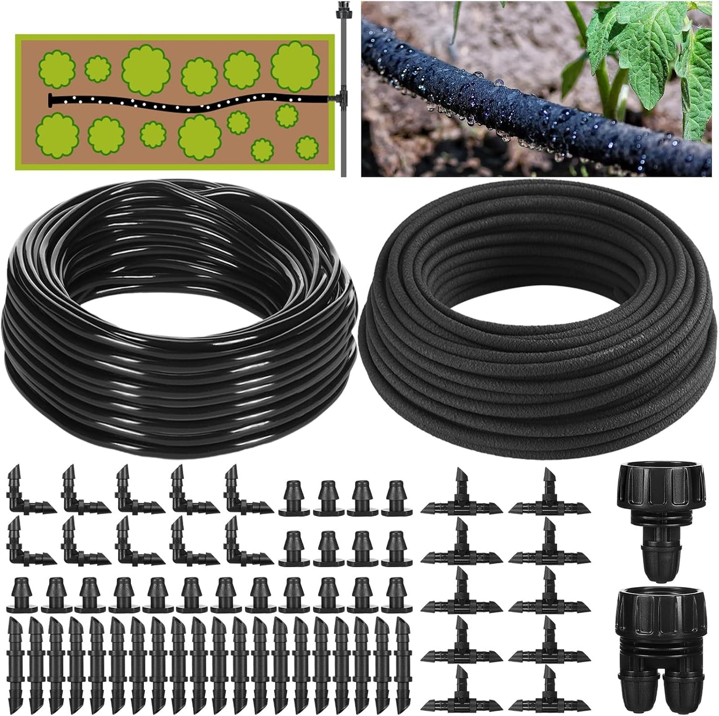 Drip Irrigation System Kit Garden Watering System 200ft 1/4 Inch Soaker Hose 100ft 1/4 Inch Drip Irrigation Tubing with Distribution Tubing and Accessories for Garden Greenhouse Patio Lawn