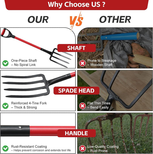 47IN Garden Pitchfork, One-piece Design 4-Tine Garden Fork Heavy Duty Digging Manure Forks for Potato Digging Mulch Spreading Loosening Soil Hay Compost Aeration Transplanting Farm Garden