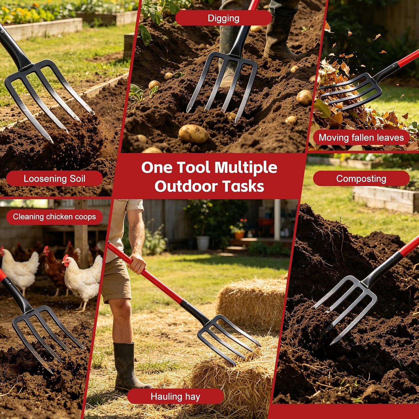 47IN Garden Pitchfork, One-piece Design 4-Tine Garden Fork Heavy Duty Digging Manure Forks for Potato Digging Mulch Spreading Loosening Soil Hay Compost Aeration Transplanting Farm Garden